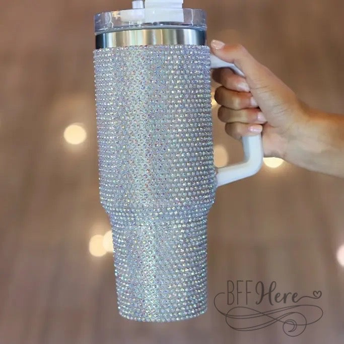 PREORDER — 40 oz. White Bling Stainless Steel Tumbler - BFF Here