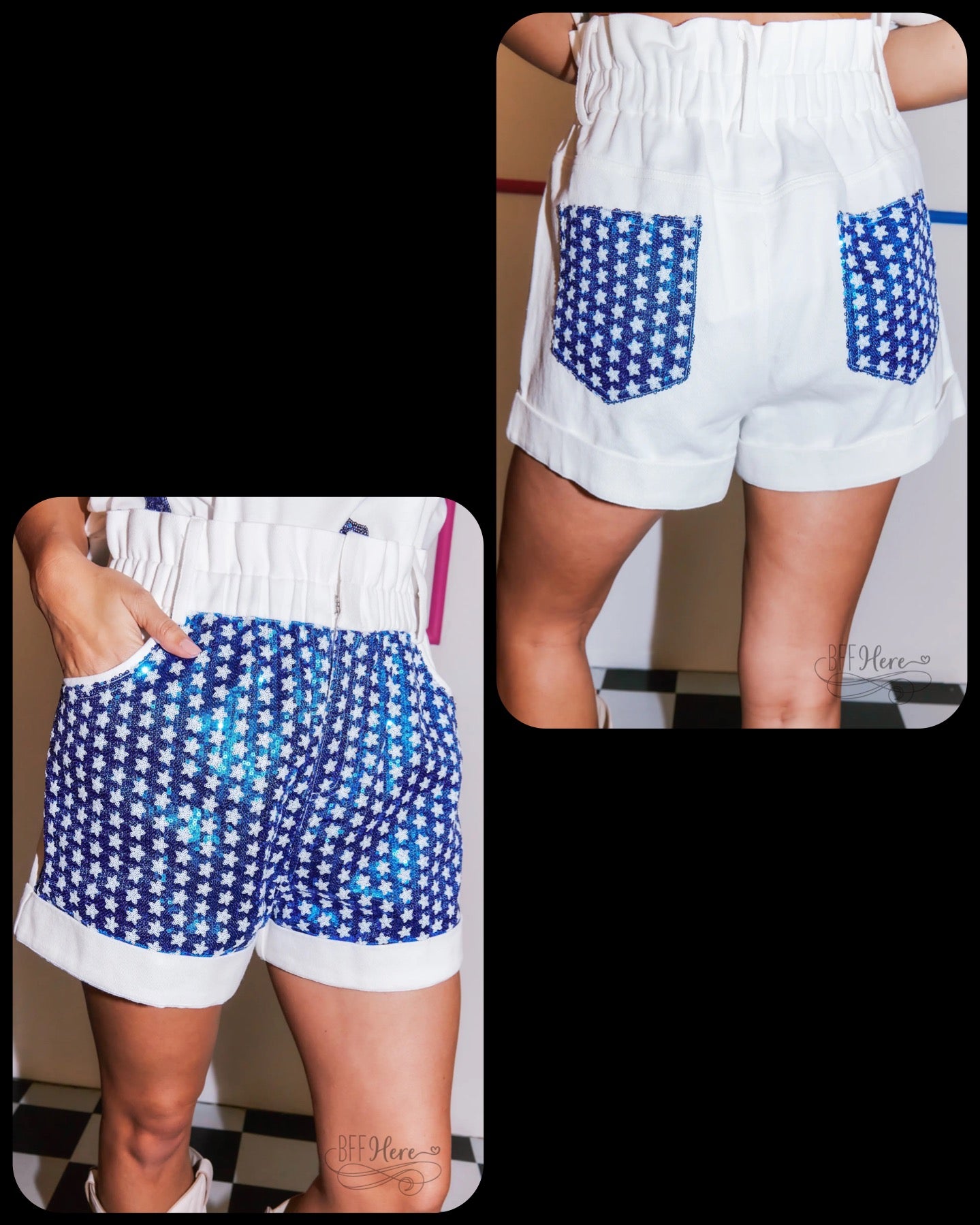 Starry Sequin Color Block Paper Bag Shorts - BFF Here