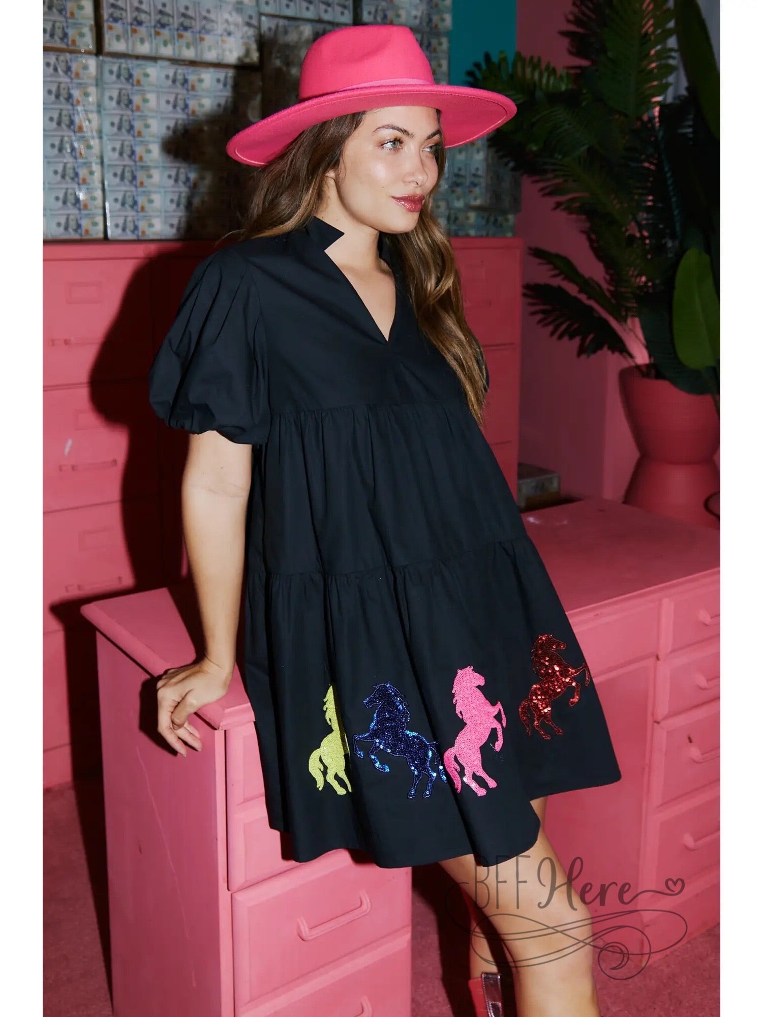 Royal Ascot Poplin Dress With Sequin Horses - BFF Here