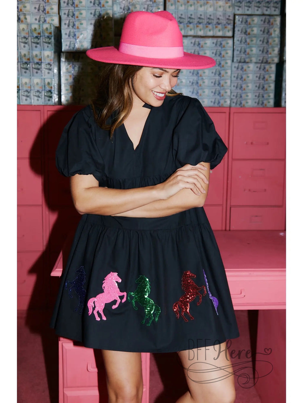 Royal Ascot Poplin Dress With Sequin Horses - BFF Here