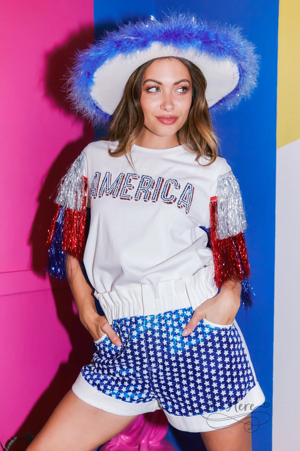 Starry Sequin Color Block Paper Bag Shorts - BFF Here