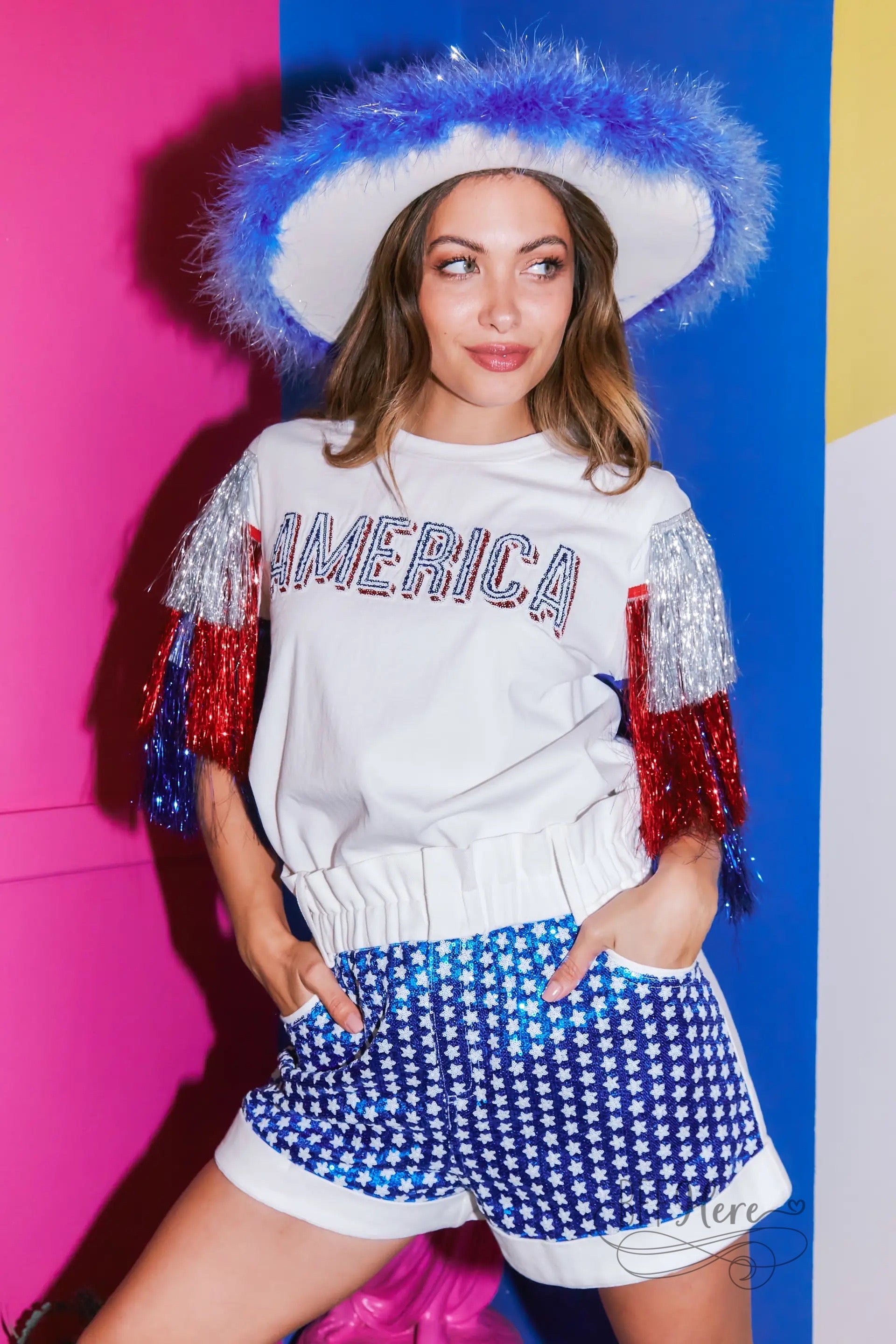 Starry Sequin Color Block Paper Bag Shorts - BFF Here