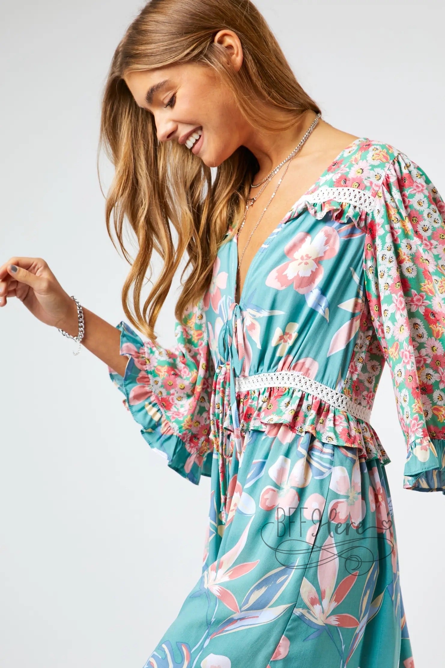 Kona Floral Print Flared Sleeve Romper - BFF Here