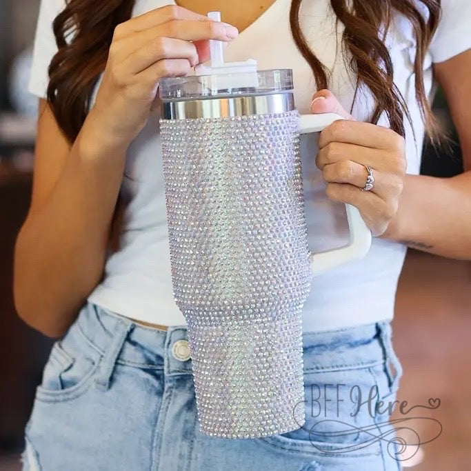 PREORDER — 40 oz. White Bling Stainless Steel Tumbler - BFF Here