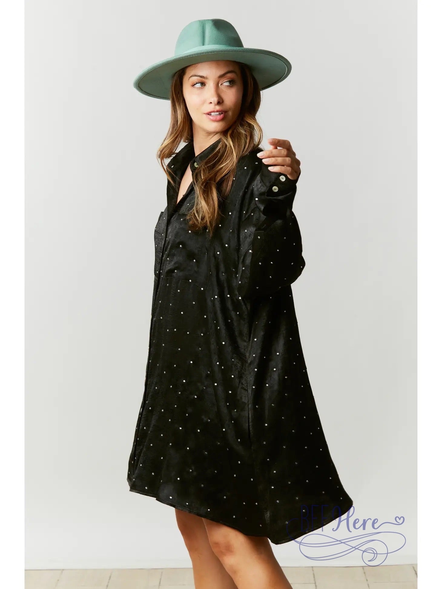 PREORDER: Onyx Radiance: Rhinestone Embellished Shirt Dress - BFF Here