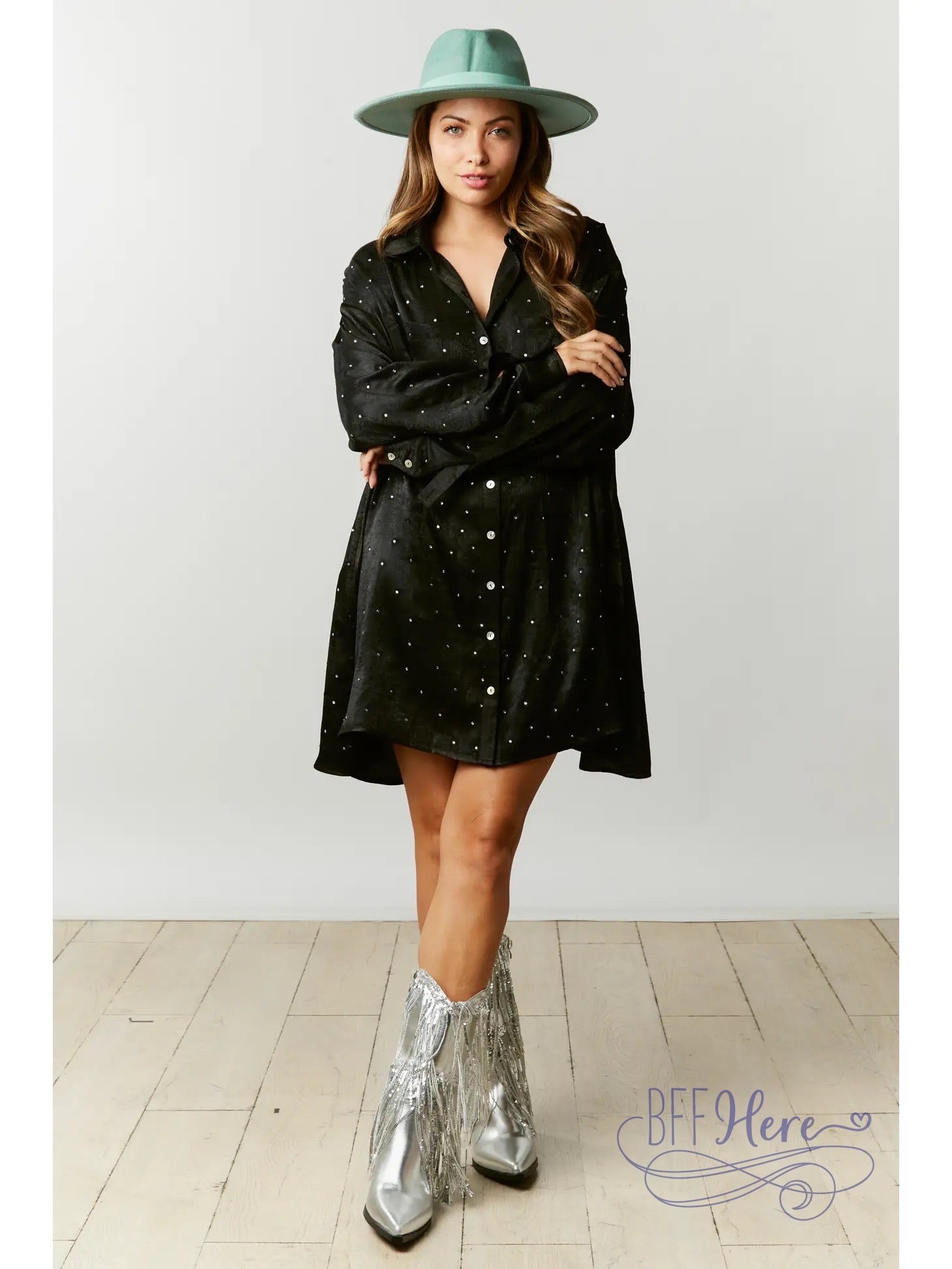 PREORDER: Onyx Radiance: Rhinestone Embellished Shirt Dress - BFF Here