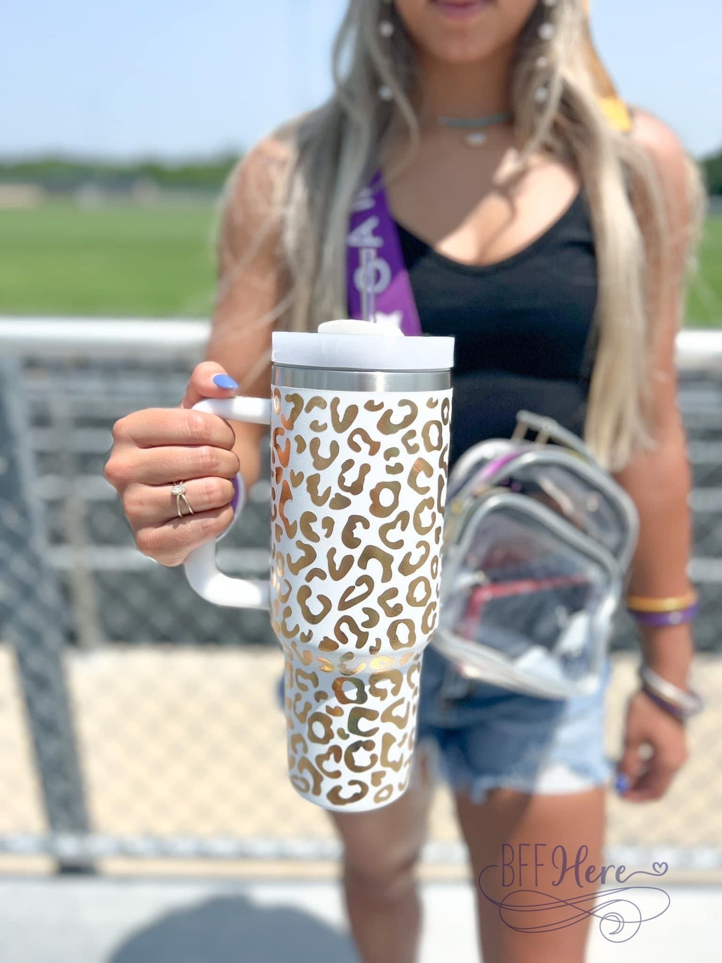 40 oz. White/Gold Leopard Travel Tumbler - BFF Here