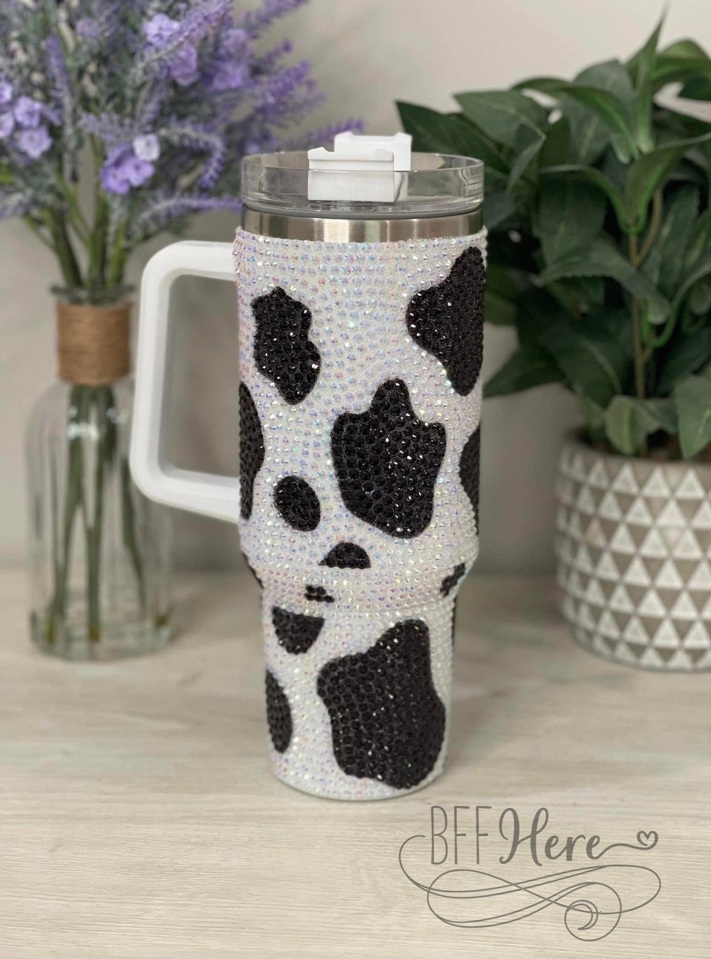 PREORDER — 40 oz. Cow Bling Stainless Steel Tumbler / Black & White - BFF Here