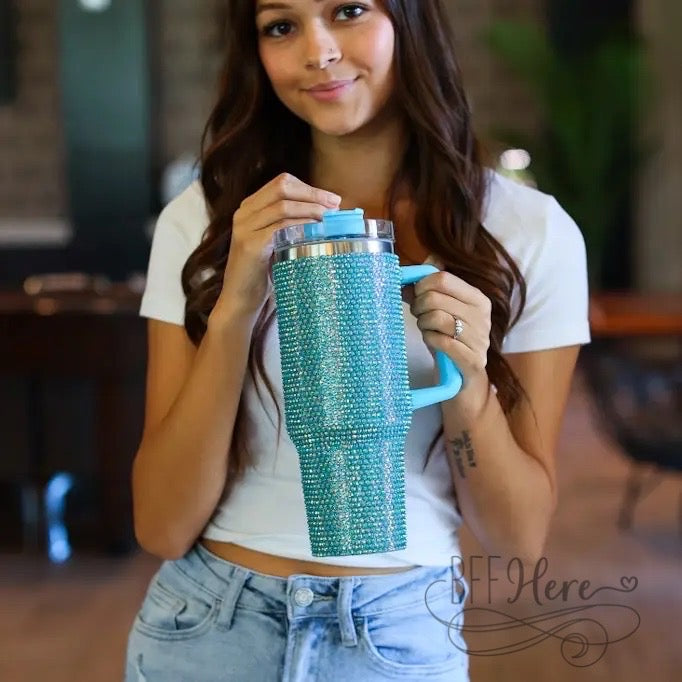 PREORDER — 40 oz. Blue Bling Stainless Steel Tumbler - BFF Here