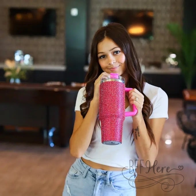 PREORDER — 40 oz. Hot Pink Bling Stainless Steel Tumbler - BFF Here