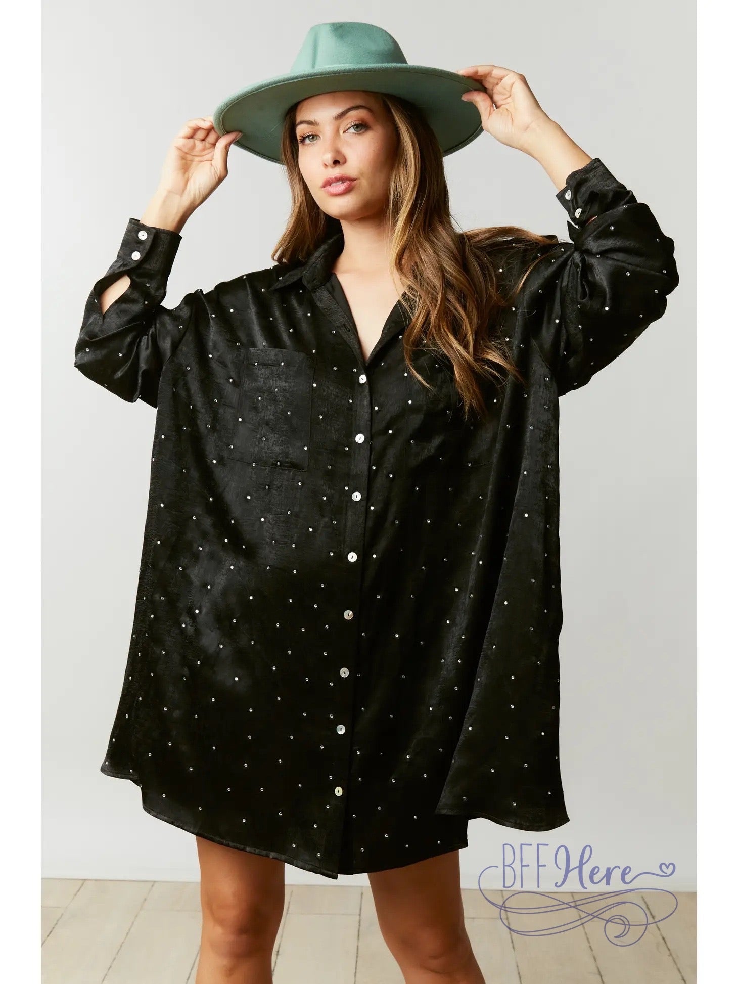 PREORDER: Onyx Radiance: Rhinestone Embellished Shirt Dress - BFF Here