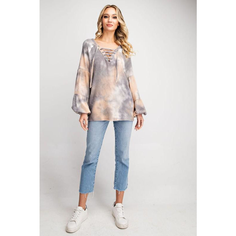 Tie Dye V-Neck Drawstring Top - BFF Here