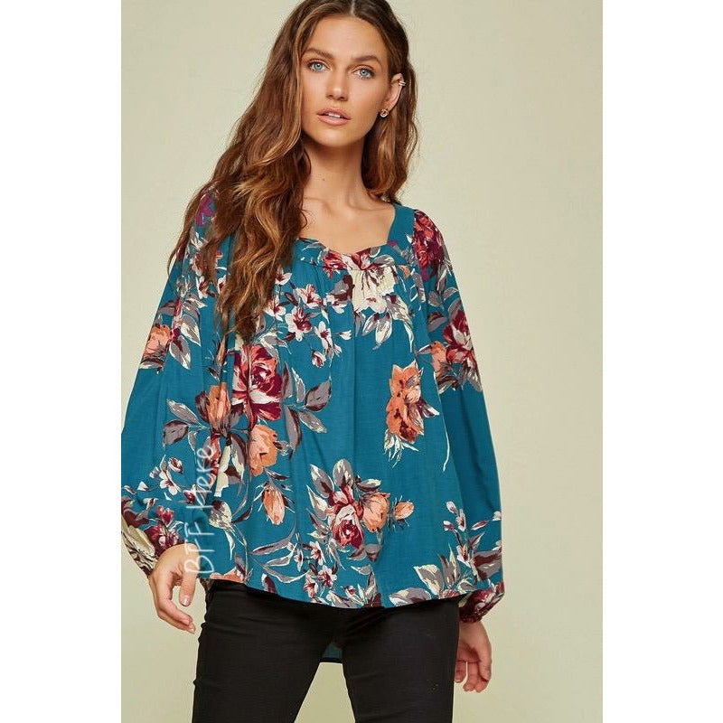 Gracie Teal Floral Woven Top - BFF Here