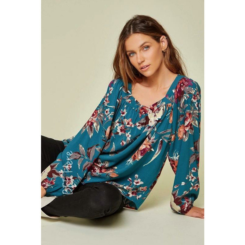 Gracie Teal Floral Woven Top - BFF Here