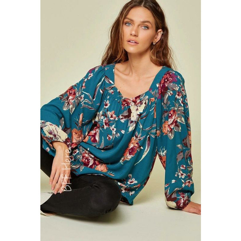 Gracie Teal Floral Woven Top - BFF Here