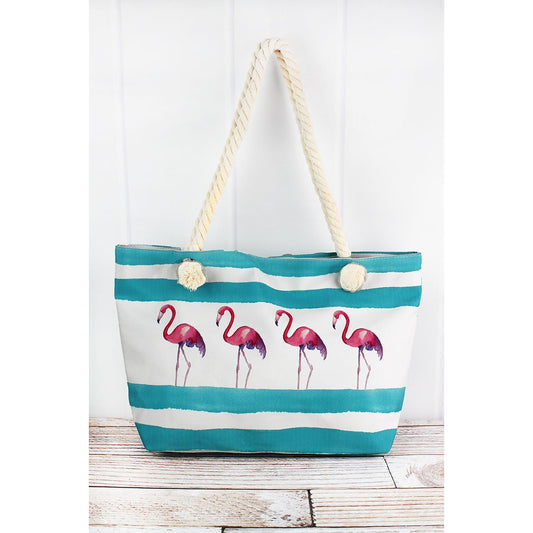 Flamingo Aqua Cabana Striped Beach Tote - BFF Here