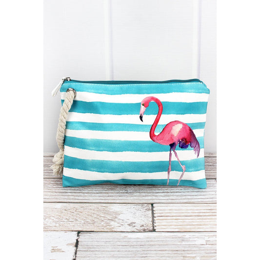 Flamingo Aqua Cabana Striped Pouch - BFF Here