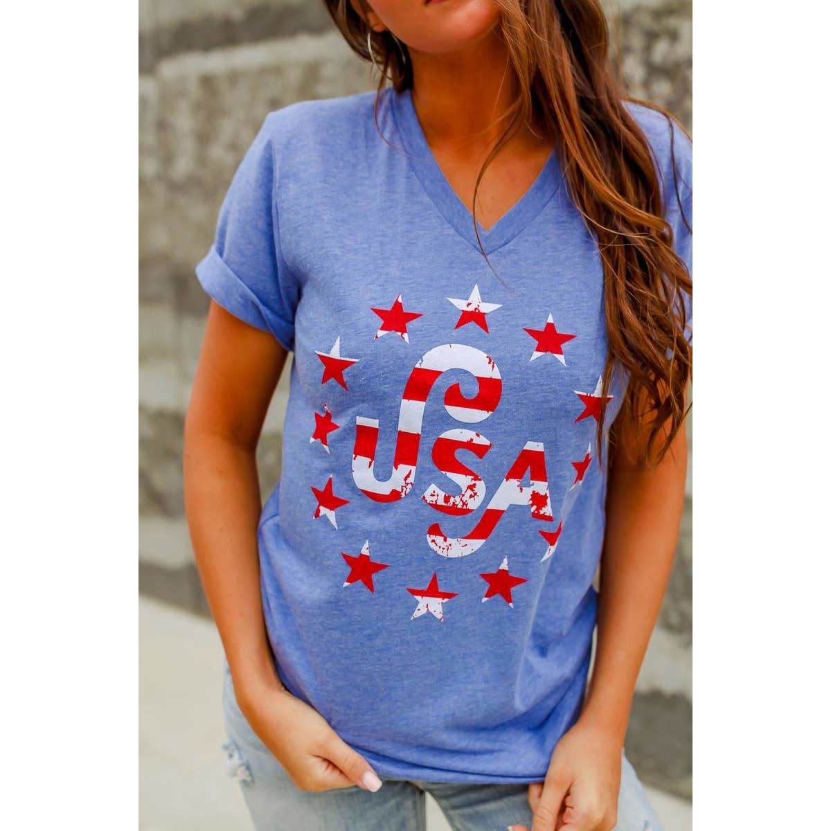 USA Stars V-Neck Graphic Tee - BFF Here