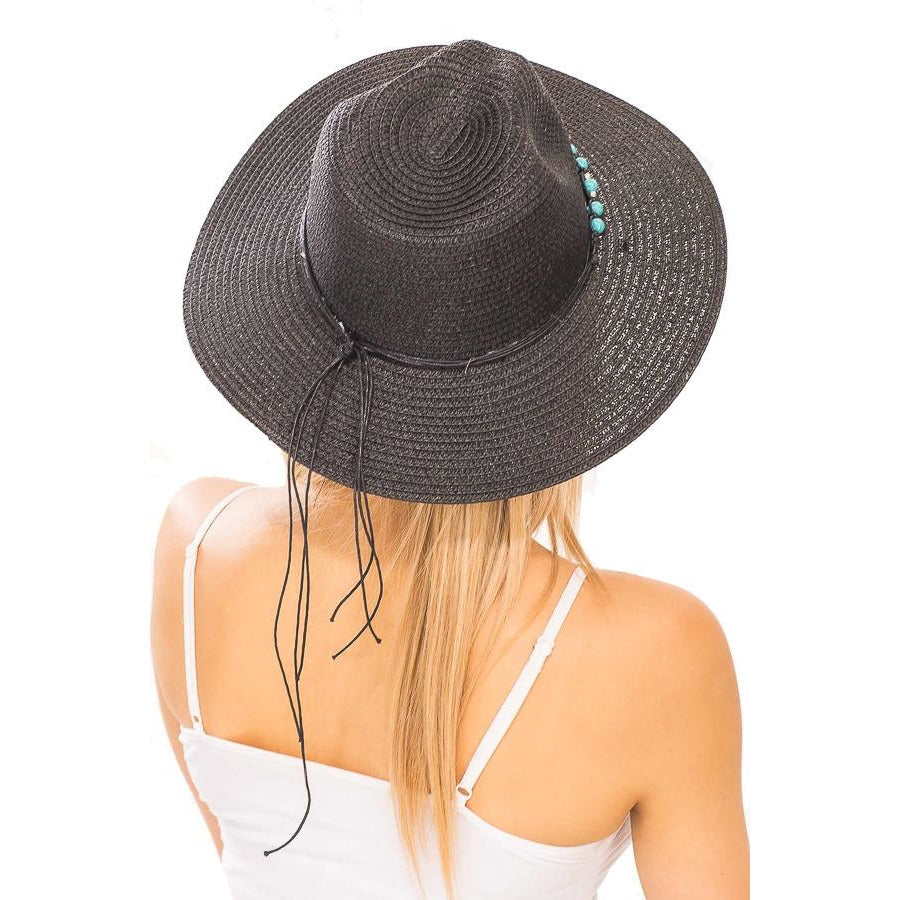 Turquoise Rock Gem Black Banded Boho Panama Hat - BFF Here