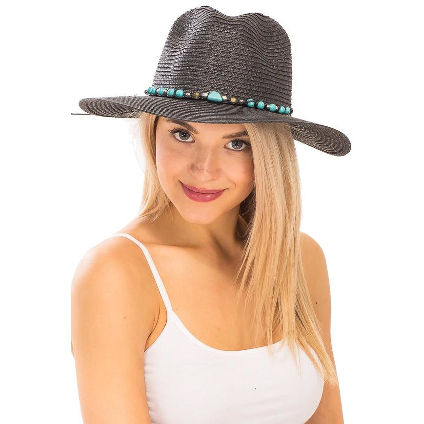 Turquoise Rock Gem Black Banded Boho Panama Hat - BFF Here