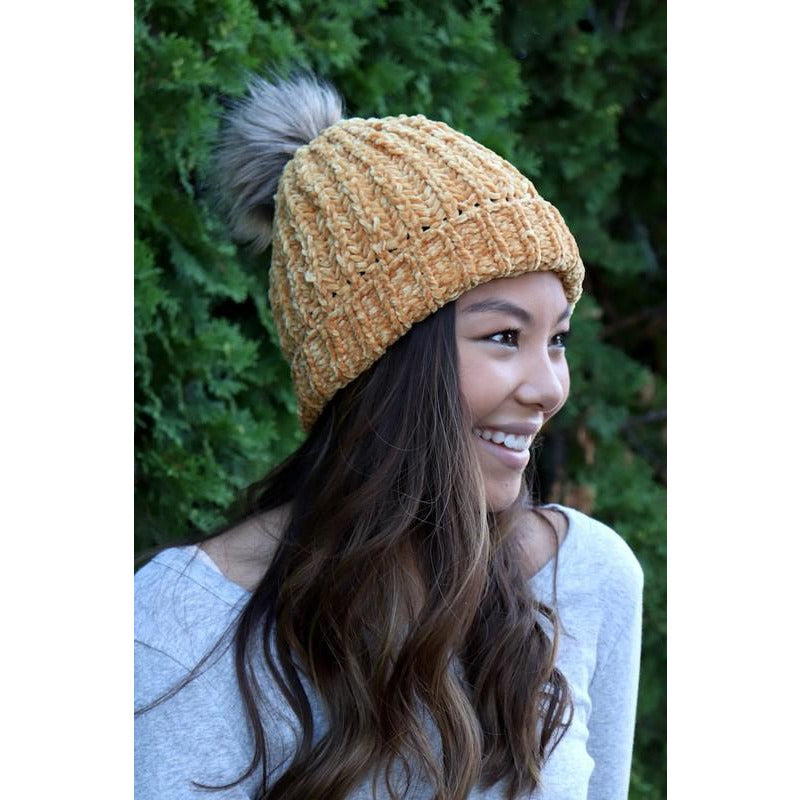 Golden Chenille Accent Pom Hat - BFF Here