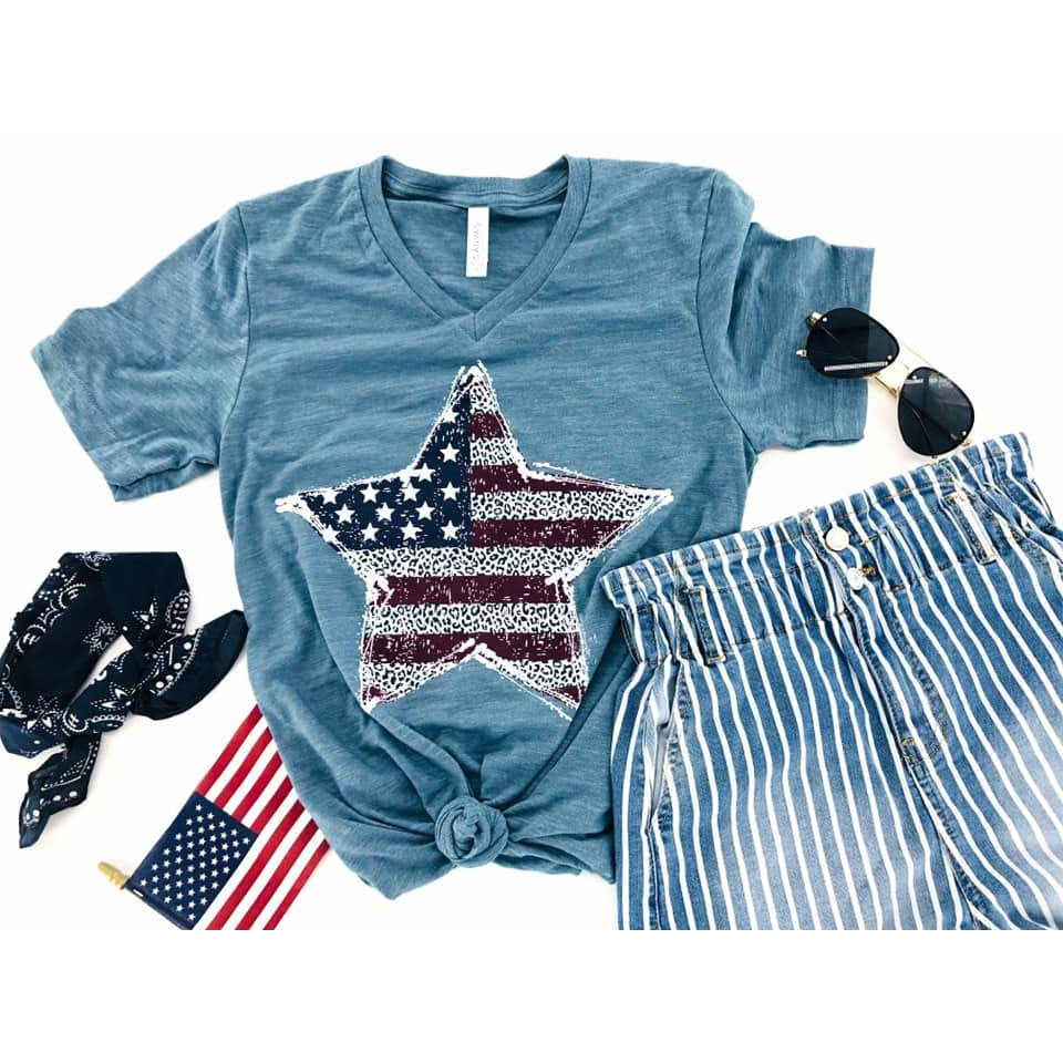 Leopard Patriotic Star V-Neck Graphic Tee - BFF Here