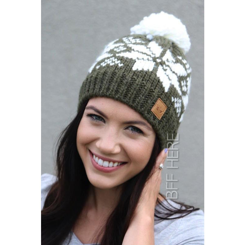 Olive Snowflake Pom Hat - BFF Here