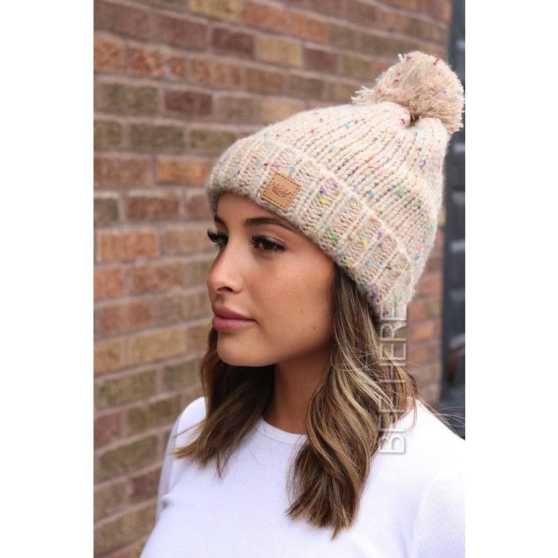 Cream Speckled Knit Pom Hat - BFF Here