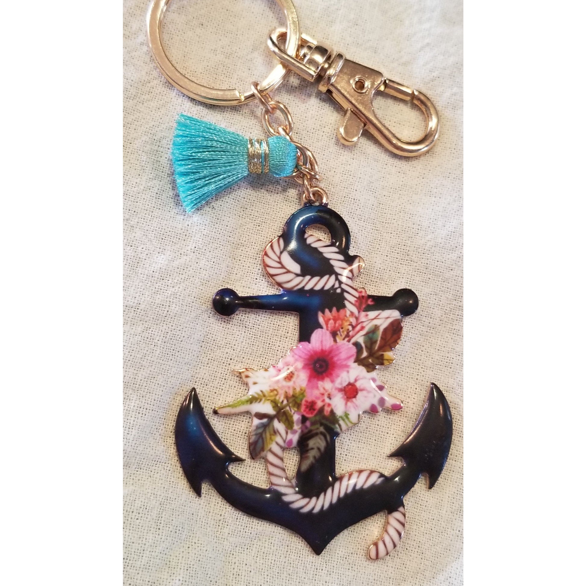 Floral Anchor with Tassel Charm Goldtone Keychain - BFF Here