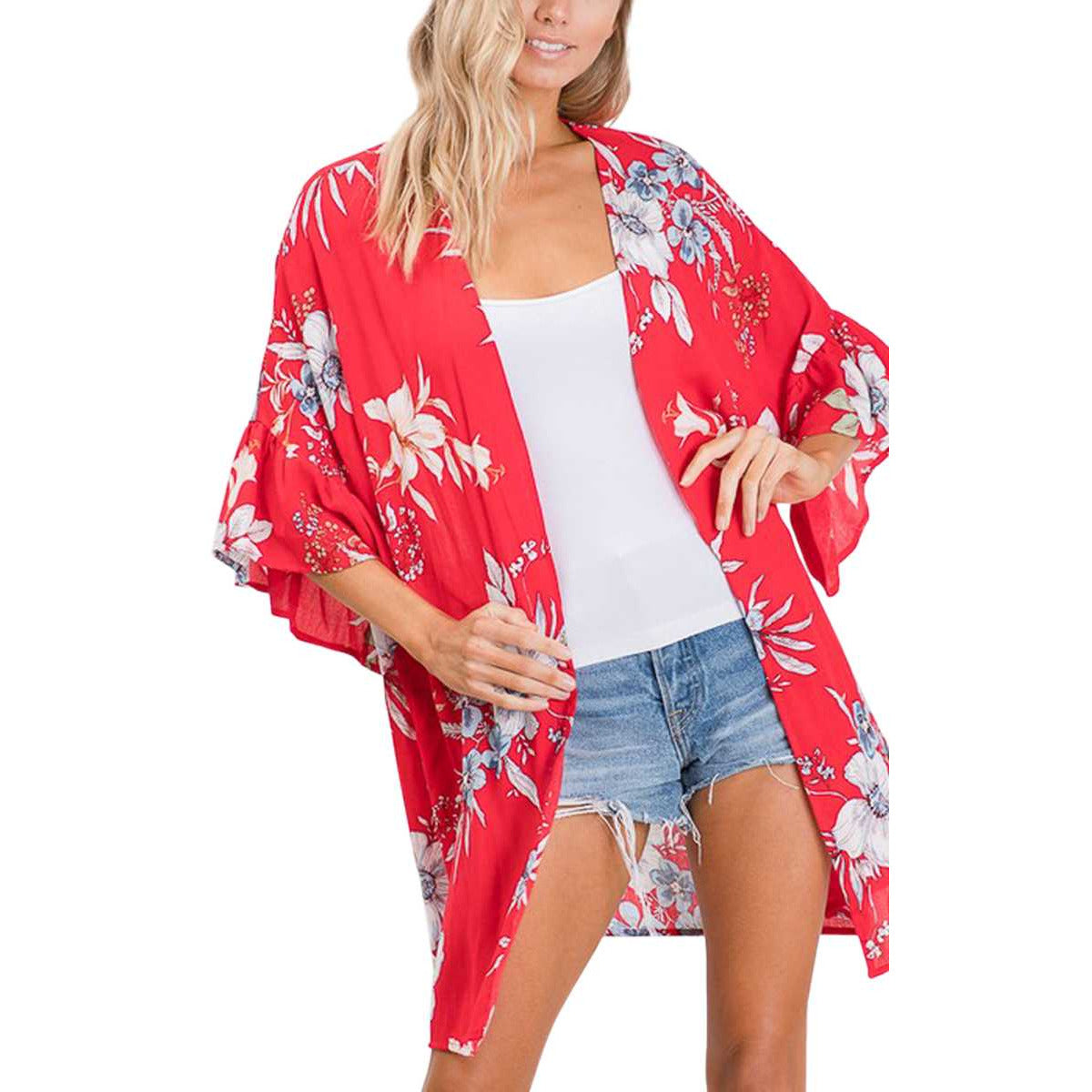 Floral Print Ruffled Sleeves Kimono - BFF Here