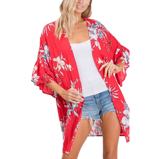 Floral Print Ruffled Sleeves Kimono - BFF Here