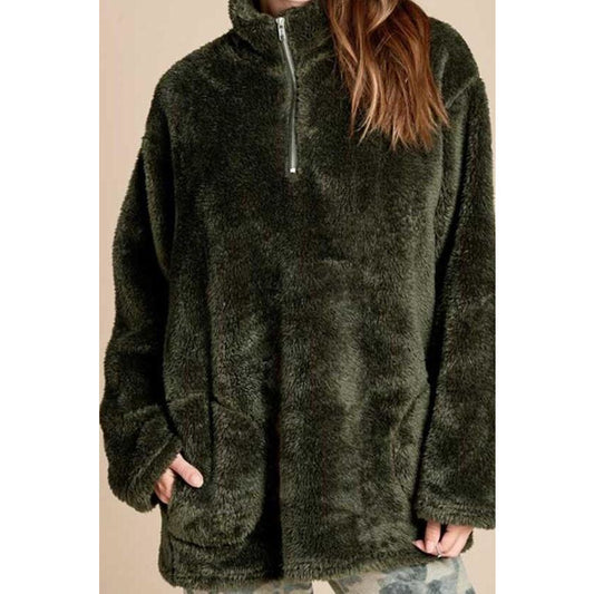 Super Soft Zip-up Neck Sherpa Pullover Sweater - BFF Here