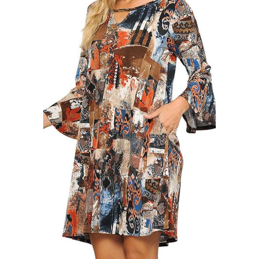 Mixed Patchy Print Keyhole Detail Dress -- Choice of Size - BFF Here