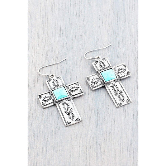 Western Turquoise Square Bead Cross Earrings - BFF Here