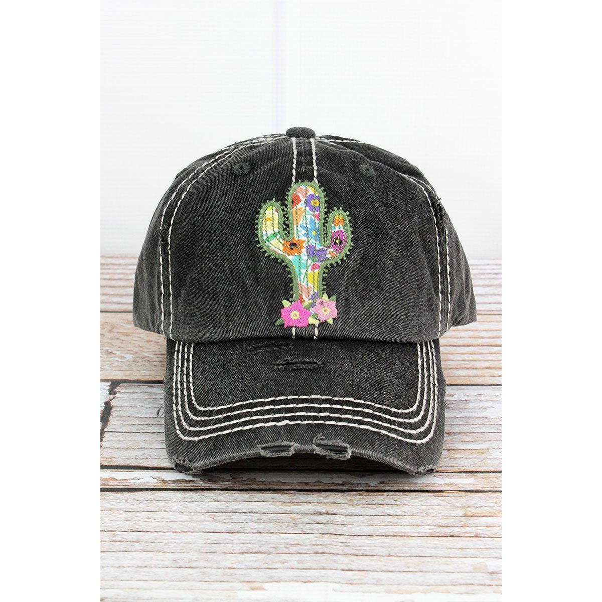 Distressed Black Floral Cactus Cap - BFF Here