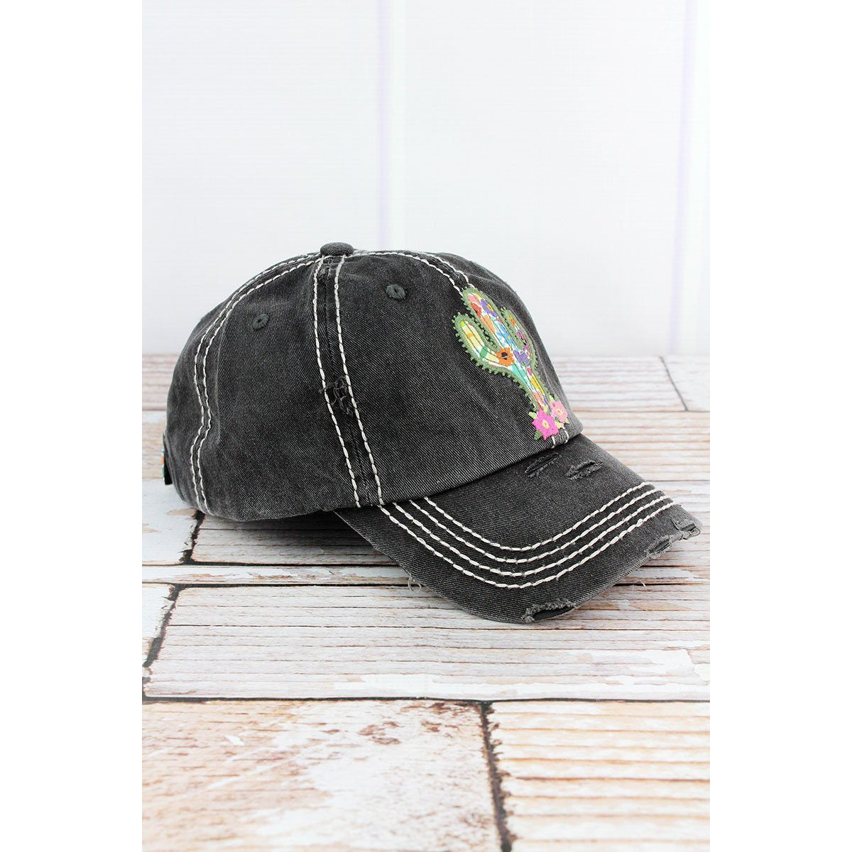 Distressed Black Floral Cactus Cap - BFF Here