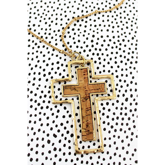 Crave Goldtone and Cork Double Cross Necklace - BFF Here