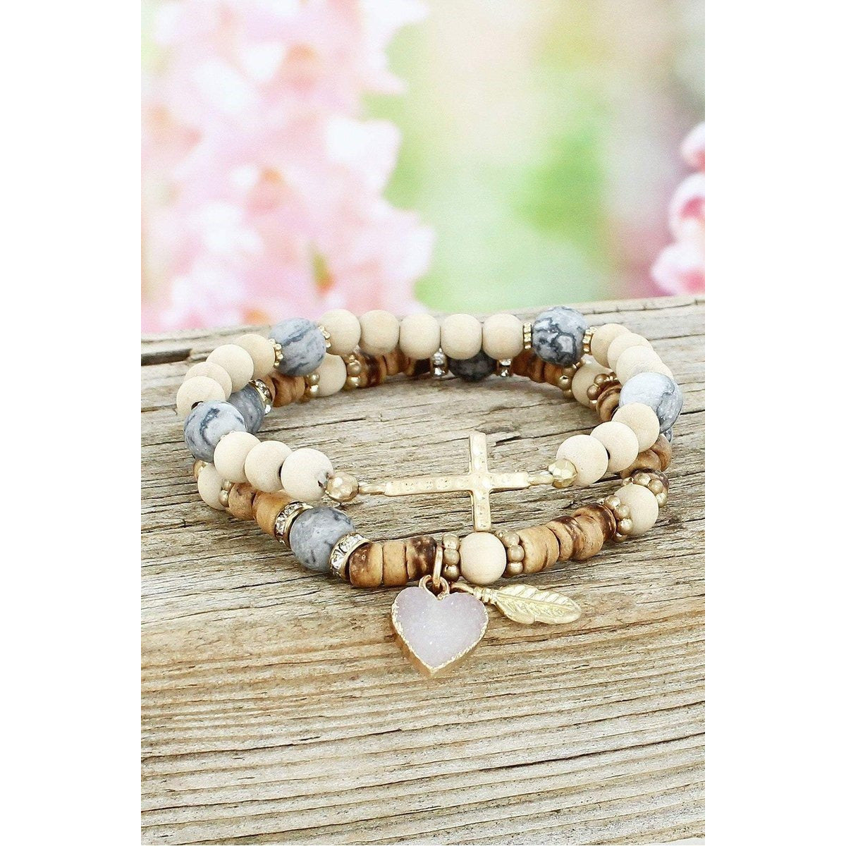 Wood and Gray Agate Beaded Heart & Cross Charm Bracelet Set - BFF Here