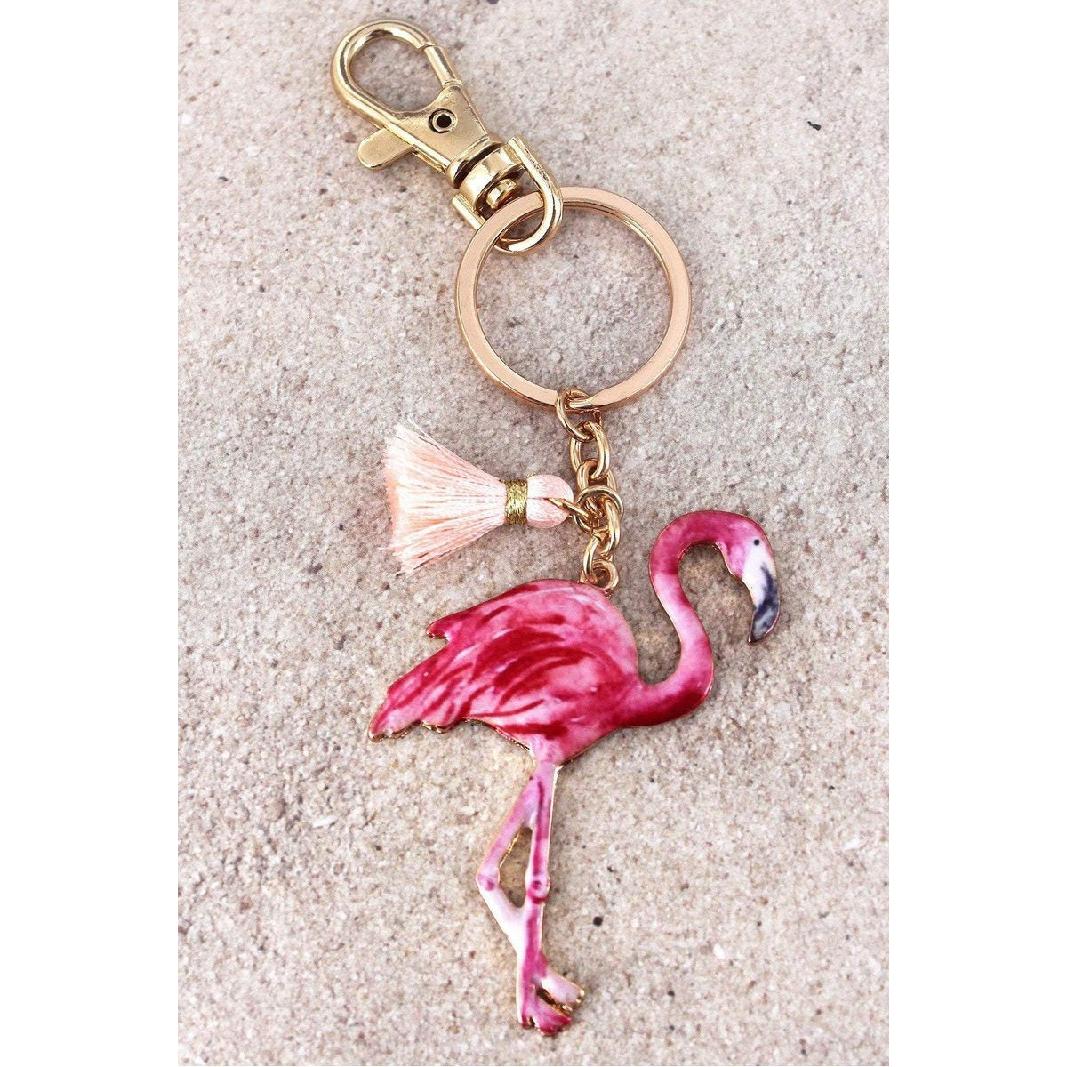 Flamingo with Tassel Charm Goldtone Keychain - BFF Here