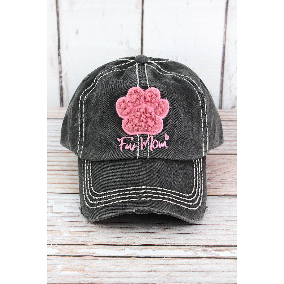 Distressed Black 'Fur Mom' Furry Paw Print Cap - BFF Here