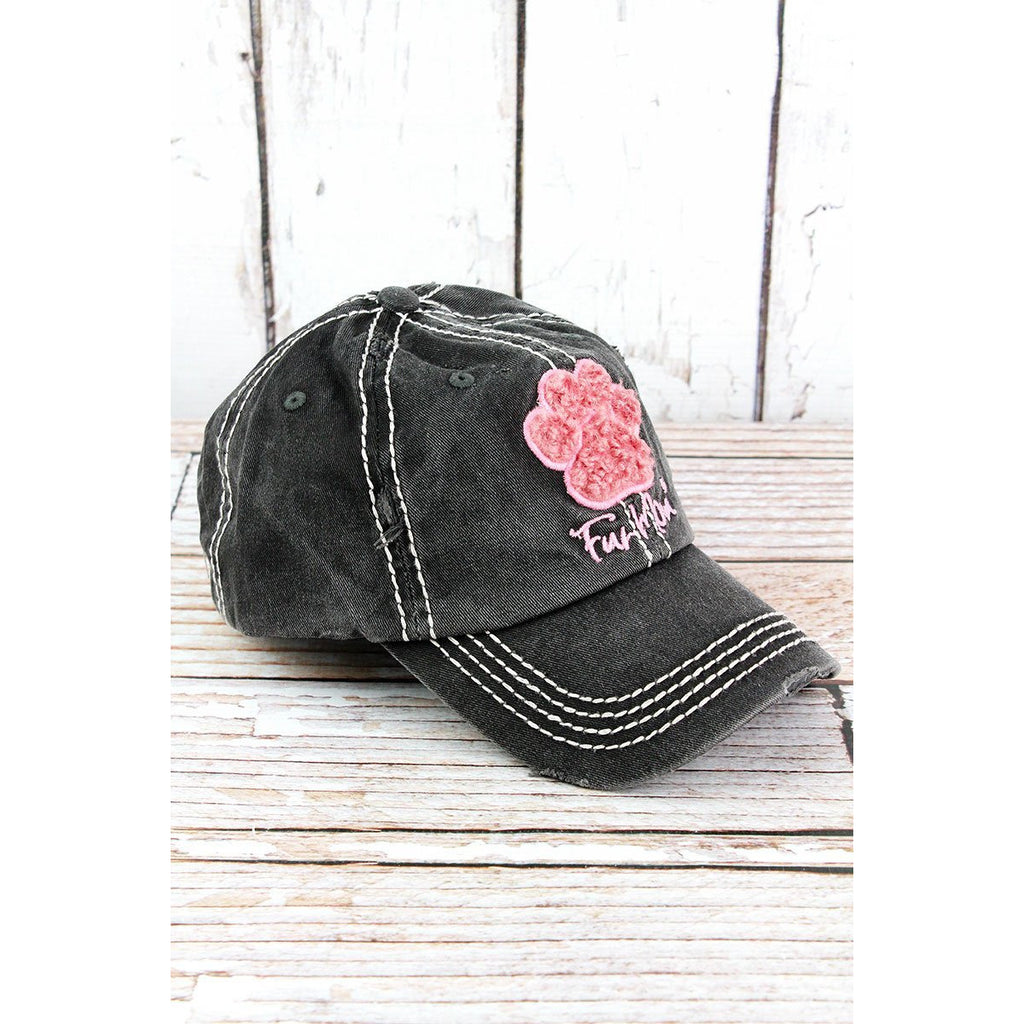 Distressed Black 'Fur Mom' Furry Paw Print Cap - BFF Here