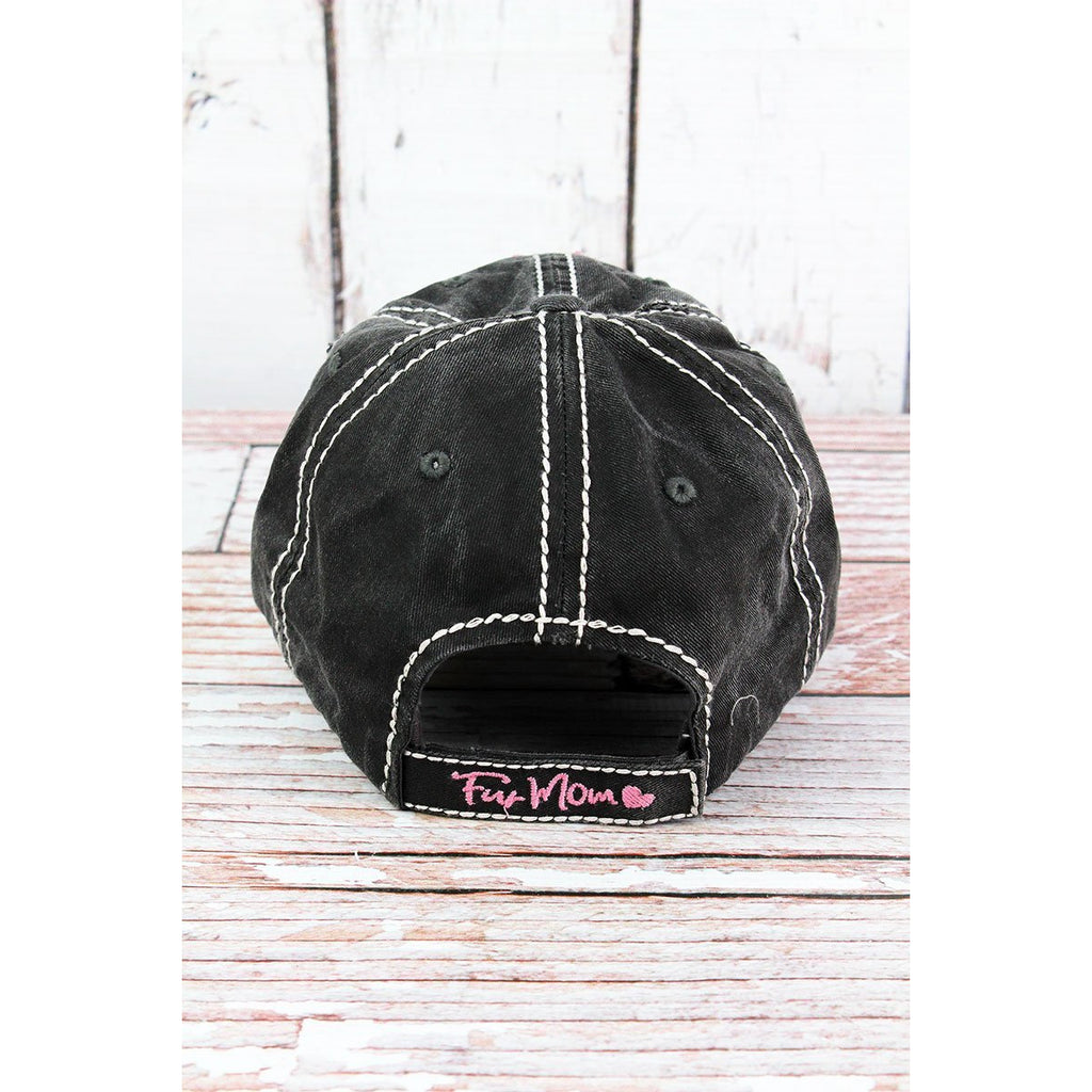 Distressed Black 'Fur Mom' Furry Paw Print Cap - BFF Here