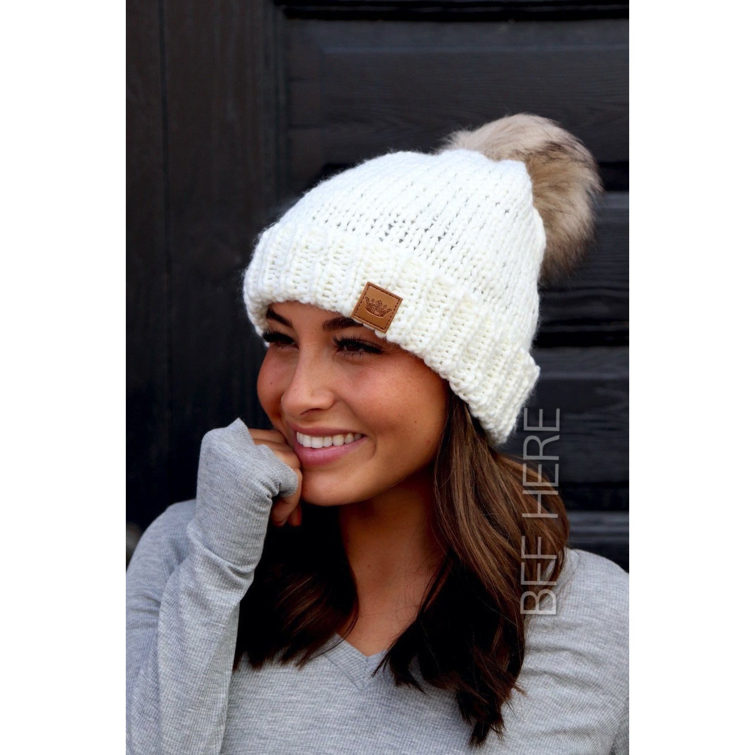 White Knit Pom Hat - BFF Here