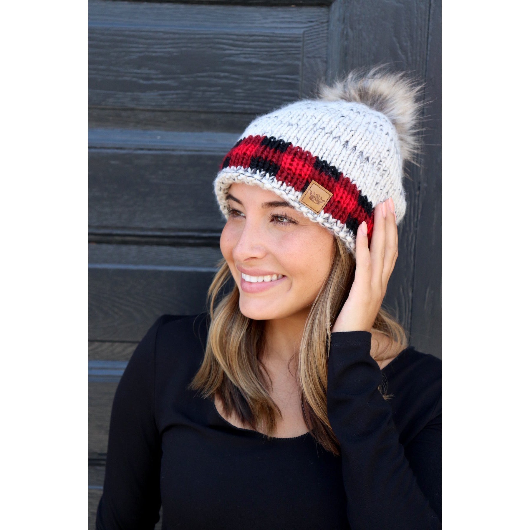 Red Plaid Accent Pom Hat - BFF Here