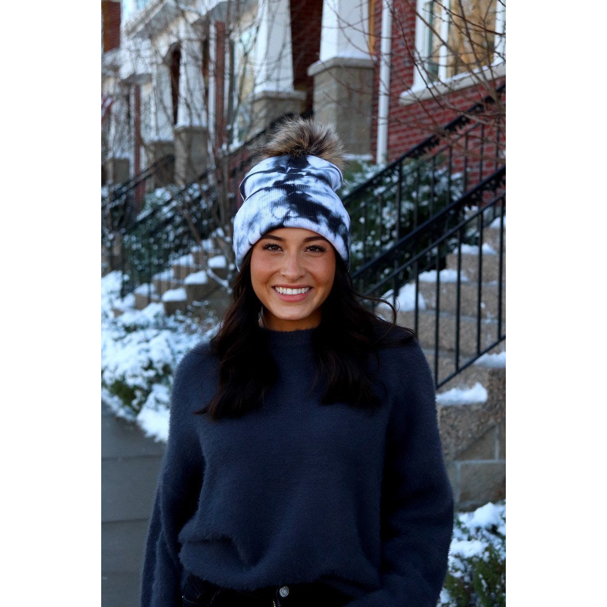 Black & White Tie Dye Pom Hat - BFF Here