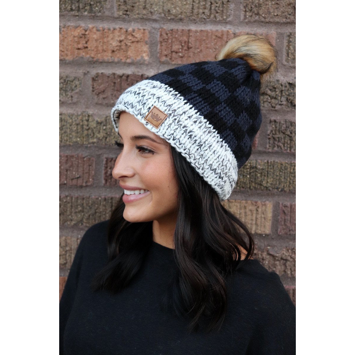 Black and Navy Accent Pom Hat - BFF Here