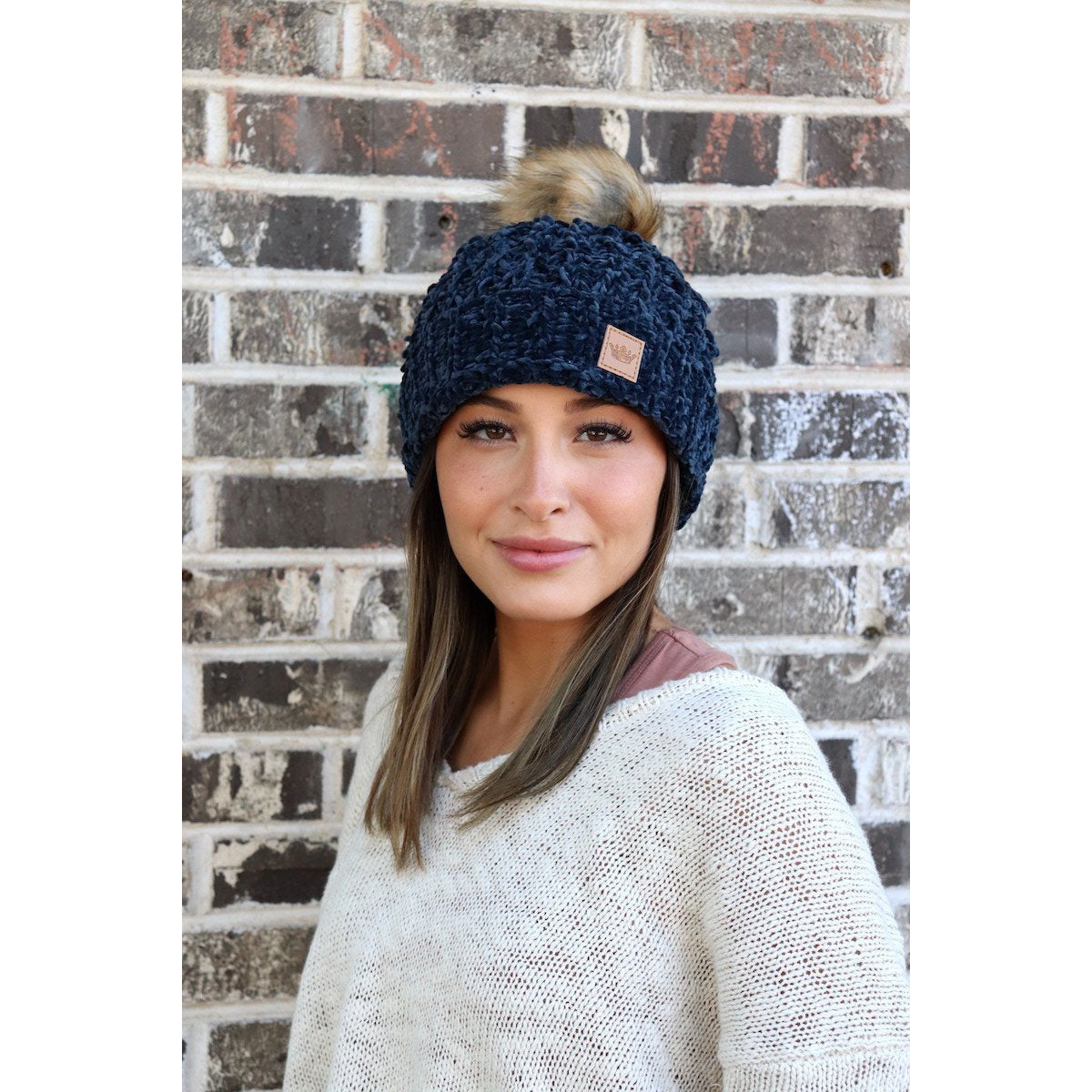 Navy Chenille Accent Pom Hat - BFF Here