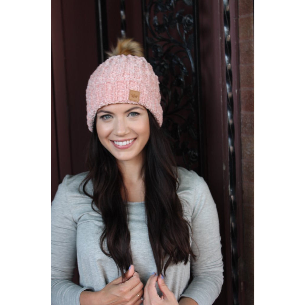 Blush Chenille Accent Pom Hat - BFF Here
