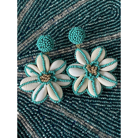 Turquoise Seed Bead and Shell Earrings - BFF Here