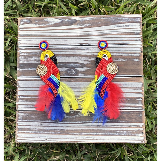 Scarlet Macaw Seed Bead & Feather Earrings - BFF Here